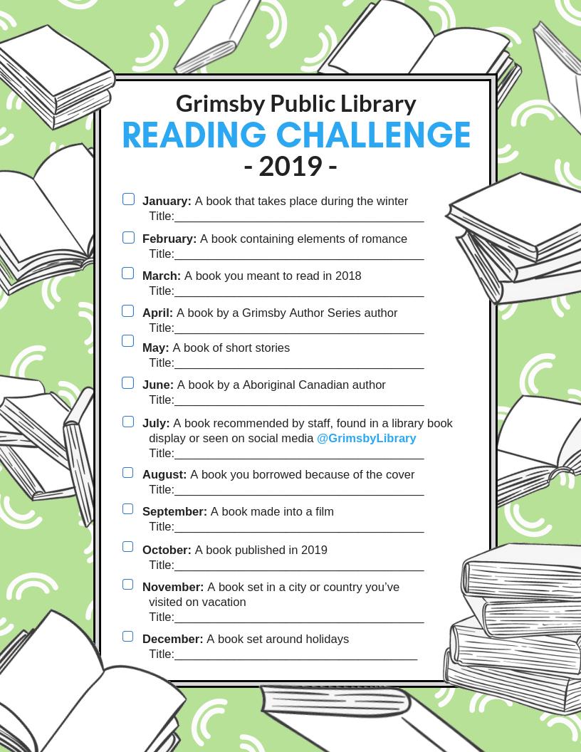 GrimsbyLibrary's tweet photo. Join the #GPLReadingChallenge by reading a book that fits into each topic on our list this year! Join anytime, read out of order & share your progress with us and other readers by joining our GPL Reading Challenge 2019 Facebook group. Go to https://t.co/ib5ZtCIDI4 to learn more. https://t.co/RlSMcv6Yib