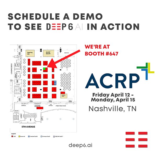 .<a href="/deep6ai/">Deep 6 AI</a> will be at ACRP this weekend from Friday to Monday. Come visit my colleagues at our booth and they'll show you how our self-service tool lets you find better matching patients for your clinical trials in a matter of minutes!

Schedule a time:
bit.ly/2D8KFaJ