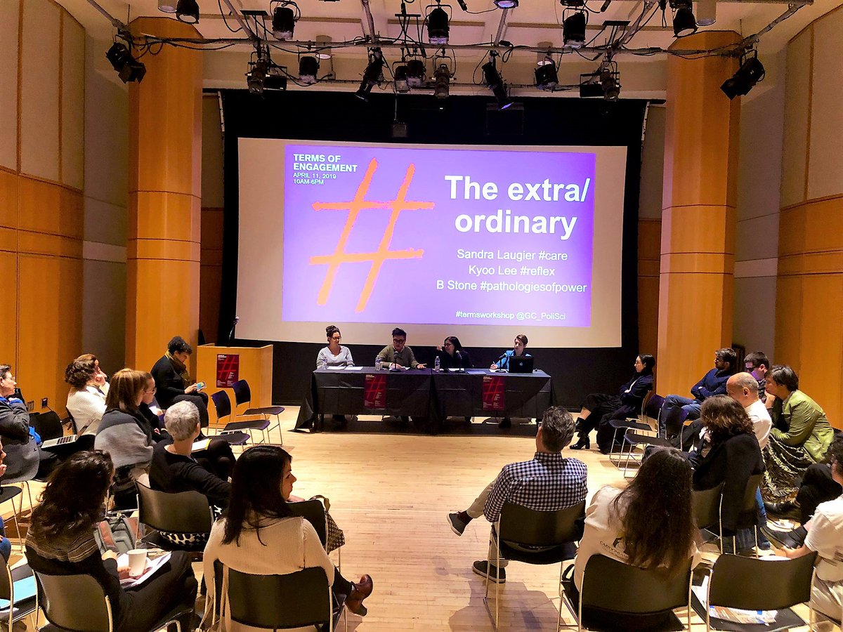 HumanitiesGC's tweet photo. TERMS OF ENGAGEMENT at @GC_CUNY. 1st panel The Extra/Ordinary: #care #reflex #pathologiesofpower w/ Sandra Laugier, Kyoo Lee, & B Stone. Next panel @ 2:30pm: “The Fragility of Privilege:” #victimology #whiteness #rage w/ Alyson Cole, Charles Mills, Claire Potter, & Sumru Atuk https://t.co/MEhBc0KOty