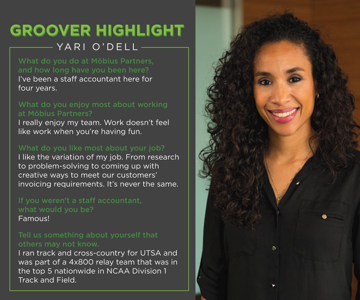 MobiusPartners's tweet photo. Meet Yari O'Dell, our Staff Accountant and former @UTSA track star. Our Groover Highlight is when we ask a Möbius team member 5 questions and they answer in 5 minutes or less. #GrooverHighlight #MobiusFamily #Groovers https://t.co/H7uTDQtivV
