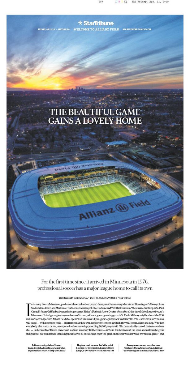 JerryZgoda's tweet photo. Here’s just the cover from Friday’s @allianzfield special section, stunning photo of @MNUFC’s home by our very own @ADLavinsky https://t.co/1XIZZuGpGt