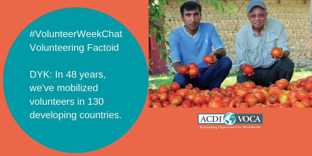 acdivoca's tweet photo. #VolunteerWeekChat, Volunteering Factoid
DYK: In 48 years, we've mobilized volunteers in 130 developing countries. #NVW @farmertofarmer Learn more: https://t.co/Dc7ziEDl6J https://t.co/GT78aXMm7G