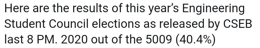 '"LETS AIM FOR 100%"
"as of 8PM, ..40.4%" 

Not sure if Engg voters turnout or engg students' acad life