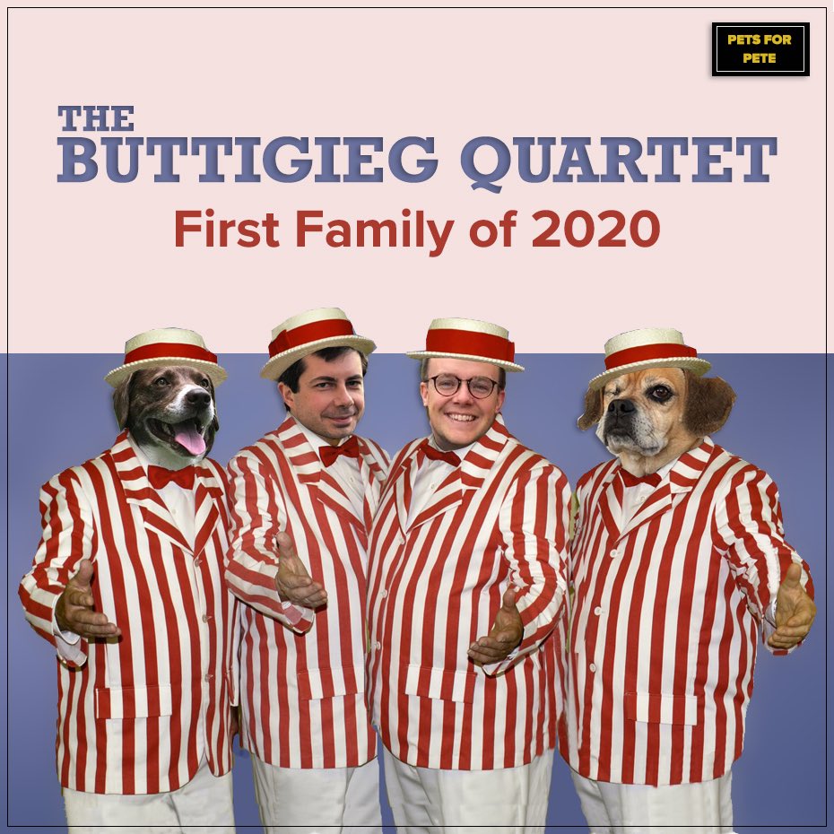 PetsForPete's tweet photo. It’s our favorite day of the year (after Election Day): #NationalPetDay *and* #BarbershopQuartetDay! Let’s sing the praises of the Buttigieg Quartet—@PeteButtigieg, @Chas10Buttigieg, Truman, and Buddy—our future first family! 💈 🐶 
.
#petsforpete #peteforamerica #pete2020 https://t.co/bvqteihErR
