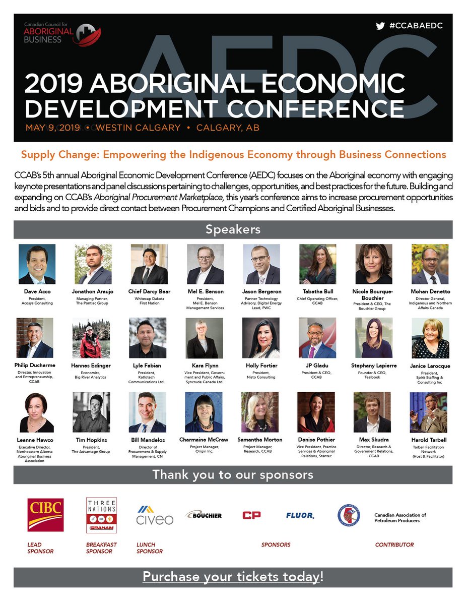 Announcing the Speakers Panel for our Aboriginal Economic Development Conference #CCABAEDC  
Join us on May 9th Calgary ow.ly/lh2L50pRXlK