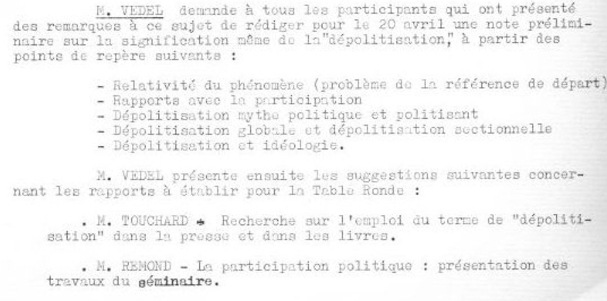 afspinfos's tweet photo. #70ansAFSP Pour organiser en novembre 1960 une grande Table ronde intitulée "Existe-t-il une tendance à la « dépolitisation » dans les démocraties modernes ?", un groupe de travail interne à l'AFSP se donnait en mars pour mission de préciser ce concept de dépolitisation... 1/2 https://t.co/GUiBXJifeD