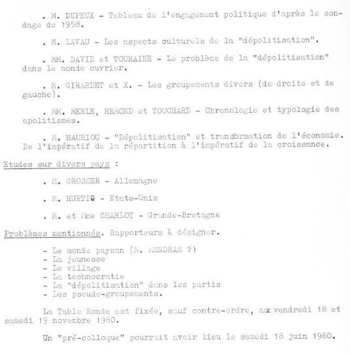 afspinfos's tweet photo. #70ansAFSP Pour organiser en novembre 1960 une grande Table ronde intitulée "Existe-t-il une tendance à la « dépolitisation » dans les démocraties modernes ?", un groupe de travail interne à l'AFSP se donnait en mars pour mission de préciser ce concept de dépolitisation... 1/2 https://t.co/GUiBXJifeD