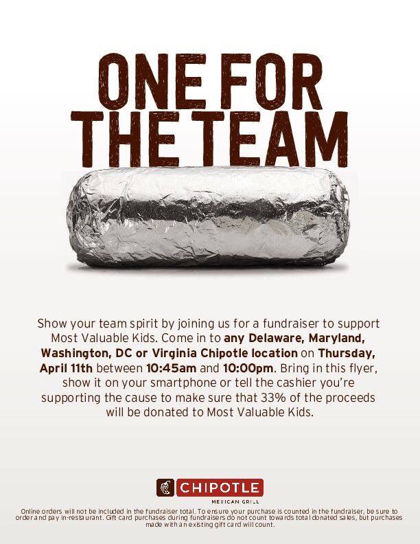 therealknelson's tweet photo. TODAY is @MVKinDC @Chipotle Day at ALL DMV Chipotle's on Thursday, April 11. From open-close, go in to your favorite Chipotle, mention MVK at check-out (orders MUST be placed in store) &amp; Most Valuable Kids will receive 33% of the proceeds. Please share w/ all of your friends! https://t.co/I0FPyL1cWy