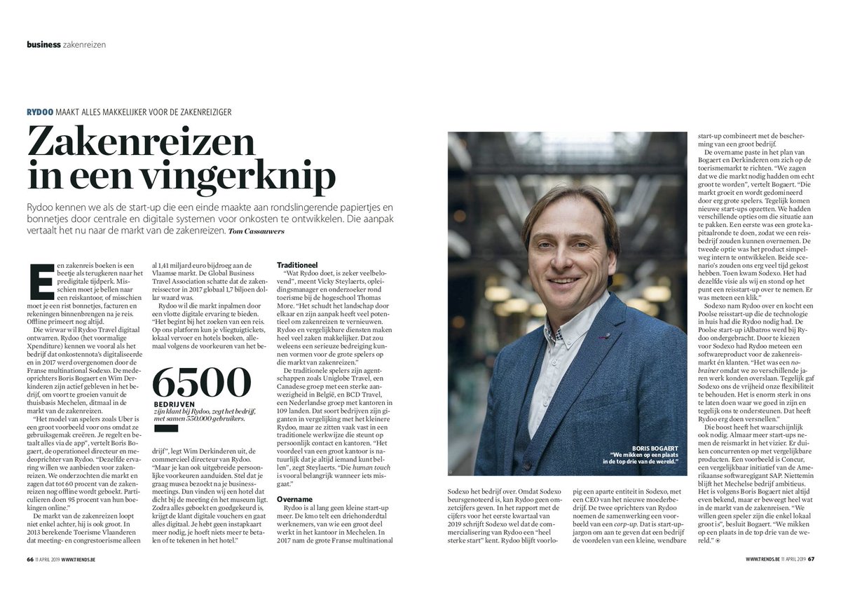 Interesting interview with Wim Derkinderen and myself in @trends_be about our move from Xpenditure to Rydoo and our view on business travel 2.0 (Dutch) #businesstravel #startupstory #expensemanagement