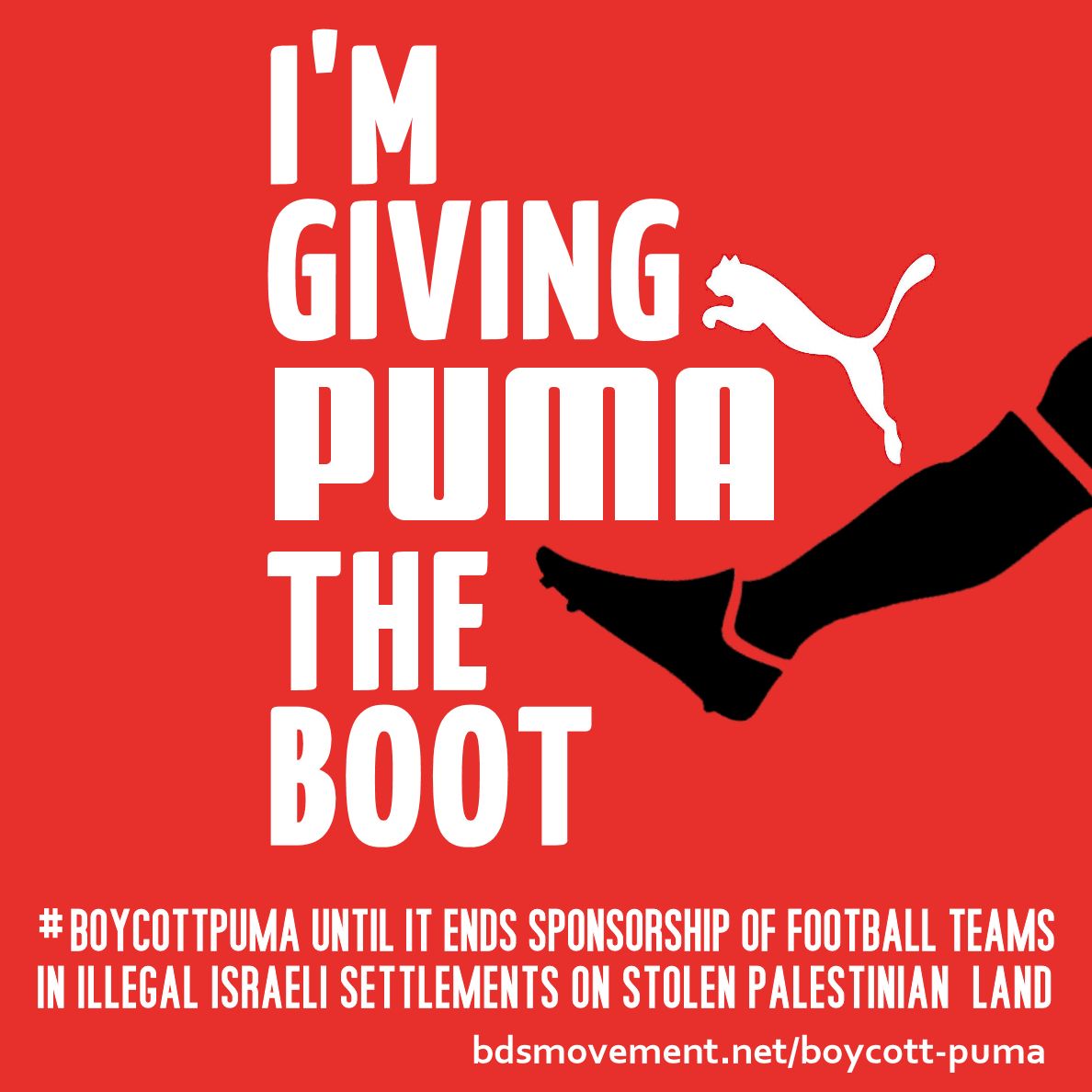 PoppyDisc's tweet image. I’m giving @Puma the boot!

As long as Puma sponsors teams in illegal Israeli settlements pushing Palestinian families off their land, I will respect the call from Palestinian athletes to #BoycottPuma.