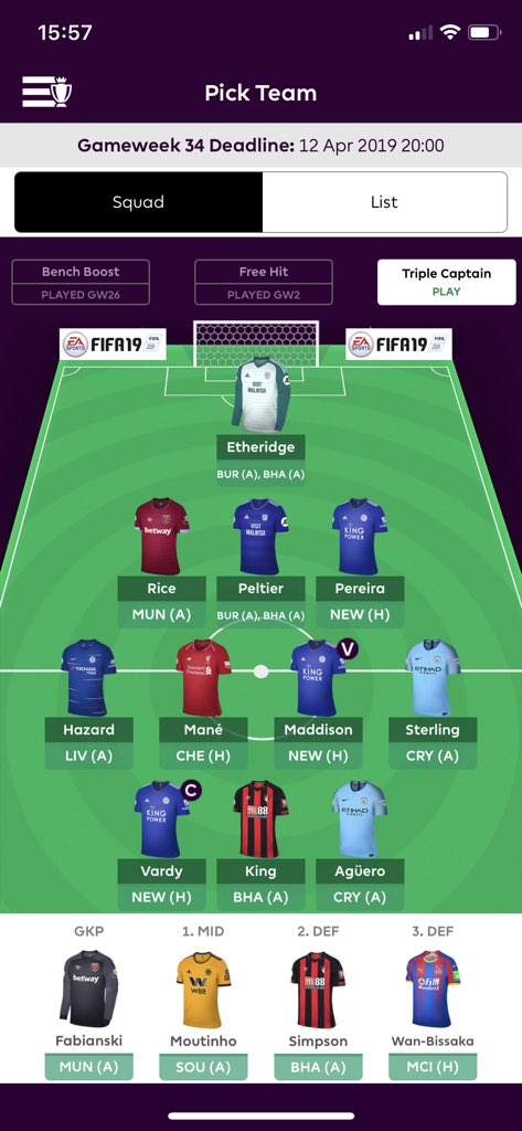 jeppeph's tweet photo. @fantasy_fantv Har aguero och sterling i laget nu, värt att byta ut dom nu för att maximera laget inför kommande DGW med spelare som har bättre spelschema/motstånd. (Ska aktivera WC) https://t.co/AZhuq4Q2eg
