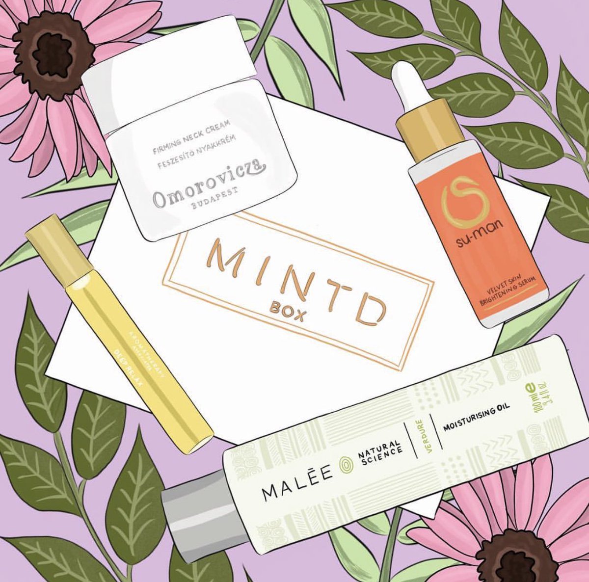 Mintdbox's tweet photo. How beautiful is this illustration of our #AMomentForYou edit created by @doodlesbythebunny 🌸🌿✨ Featuring our four luxury skincare treats to compliment a well deserved self care ritual @omorovicza @sumanskincare @maleeonline @aromatherapyassociates 🌸🌿✨ #MintdBox https://t.co/A6XYBrJ4gq