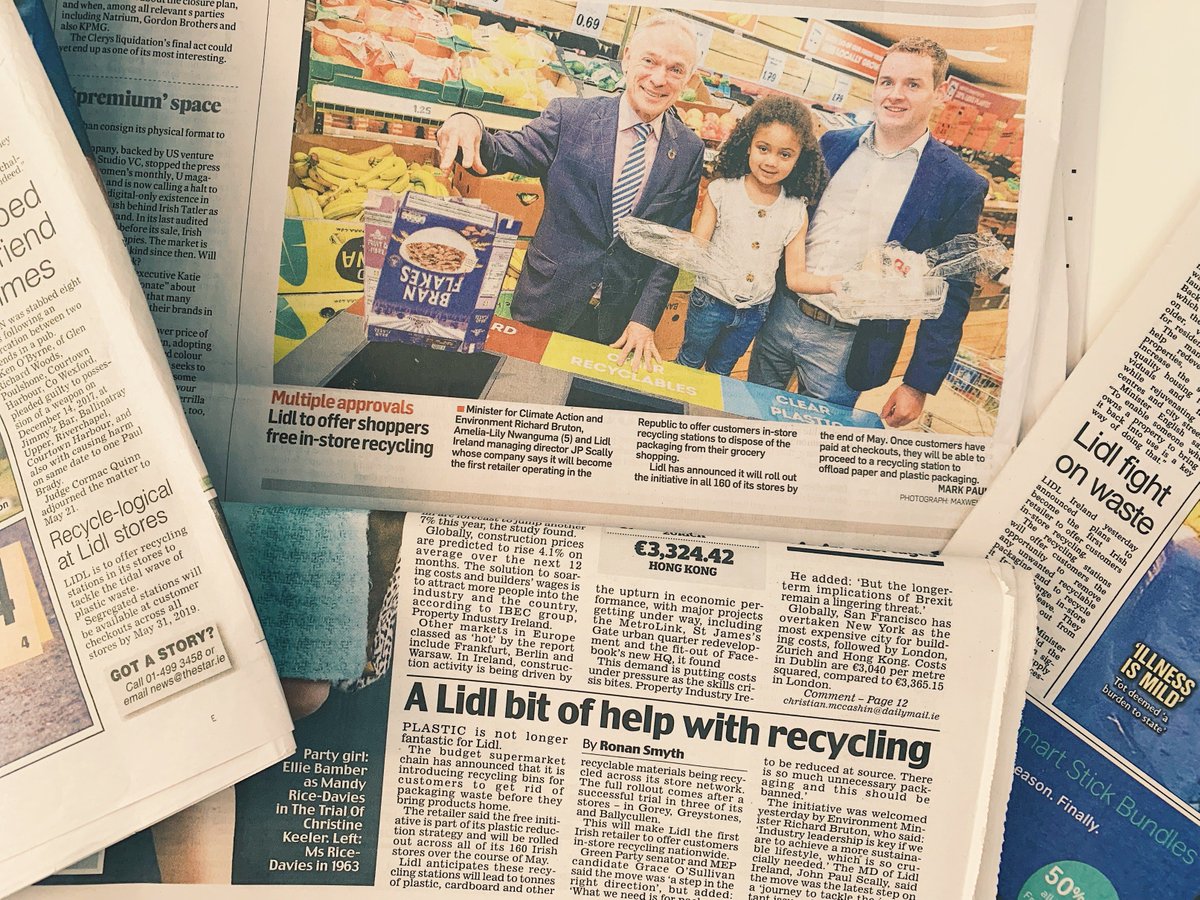 Fantastic coverage of @lidl_ireland's announcement that they are the first Irish retailer to offer customers in-store recycling stations! We were very happy to have Minister @RichardbrutonTD's support for this new initiative!
