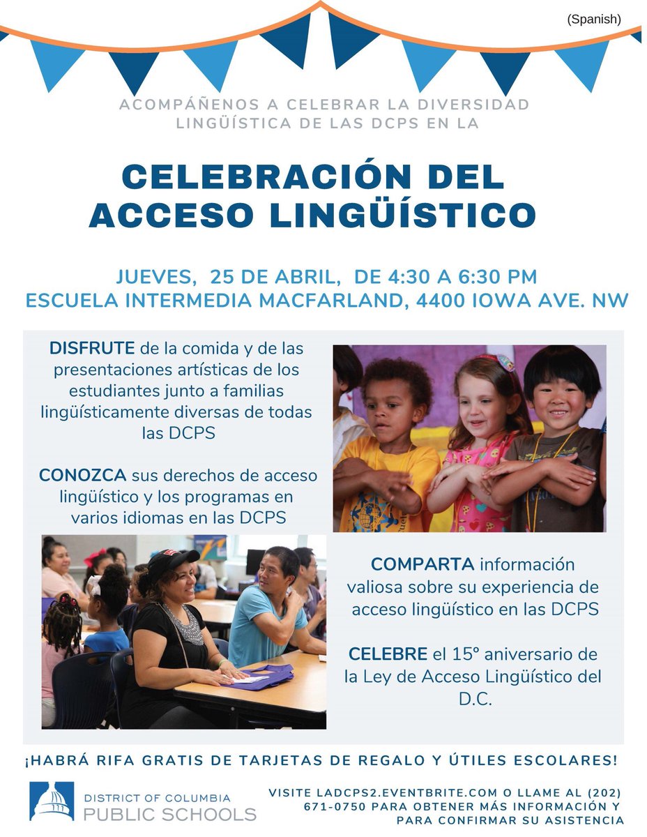 LADatDCPS's tweet photo. April is #DCLanguageAccessMonth! We are hosting a Language Access Celebration on 4/25, 4:30p-6:30p at @MacFarlandMS. Enjoy free food, student performances &amp; learn about your language access rights &amp; multilingual programs in DCPS. *Interpretation Provided* @dcpublicschools https://t.co/ZNTi92Geaa