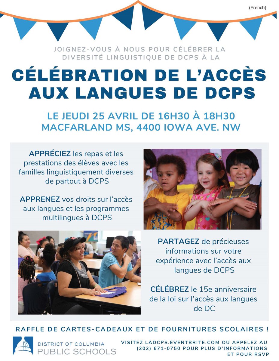LADatDCPS's tweet photo. April is #DCLanguageAccessMonth! We are hosting a Language Access Celebration on 4/25, 4:30p-6:30p at @MacFarlandMS. Enjoy free food, student performances &amp; learn about your language access rights &amp; multilingual programs in DCPS. *Interpretation Provided* @dcpublicschools https://t.co/ZNTi92Geaa
