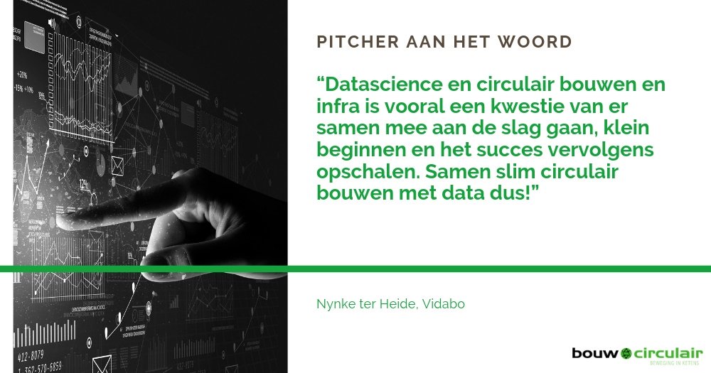 Nynke ter Heide van Vidabo licht tijdens haar pitch op de innovatiebijeenkomst SlimCirculair toe wat data science is, wat je er concreet mee kunt doen op het gebied van circulair bouwen. Benieuwd? Er zijn nog een paar plekken beschikbaar lees verder op 

bit.ly/2GfkUHD