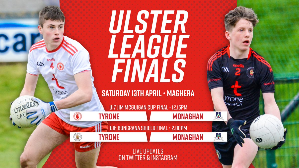 Our U17's and U16’s are both in action against Monaghan this Saturday in their respective Ulster League Finals. 

The U17 Jim McGuigan Cup Final throws in at 12.15pm followed by the U16 Buncrana Shield Final at 2.00pm. The games will be played as a double header in Maghera.