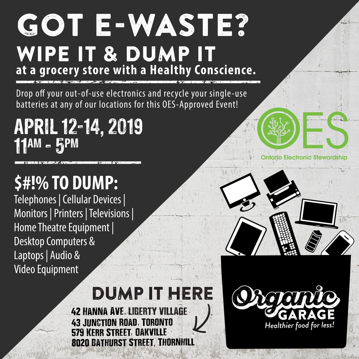 organicgarage's tweet photo. Gather up your electronic waste because our E-Waste Event kicks off tomorrow at 11am! Bring in your out-of-use electronics and recycle them safely at any one of our stores πΉππ¨οΈπ₯οΈ #EarthMonth #HealthyConscience https://t.co/HeyBowKLht