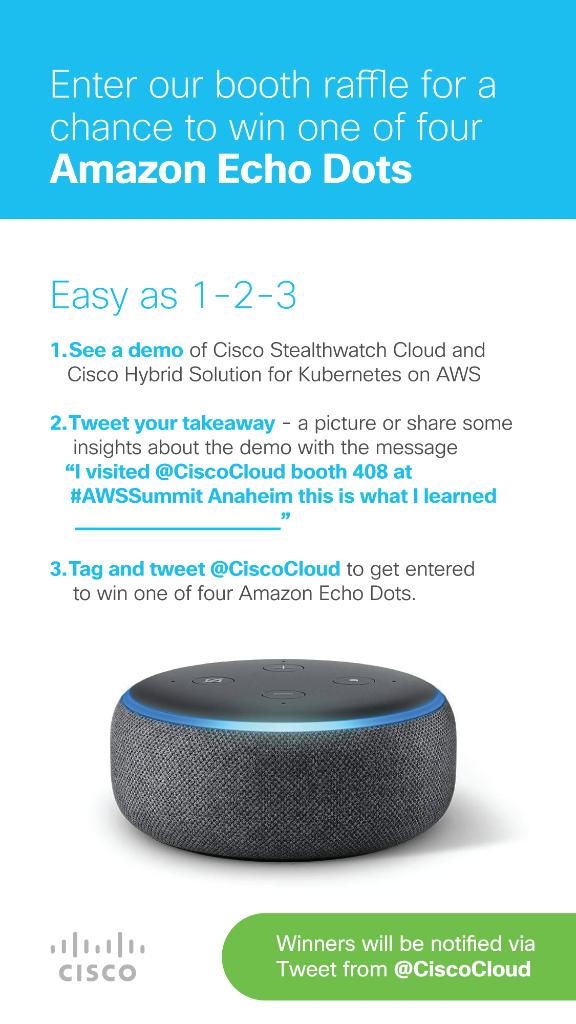 CiscoCloud's tweet photo. It's easy to enter to win #AWSSummit!  
See a demo of Cisco Stealthwatch Cloud @ObservableNet &amp; Cisco Hybrid Solution for #Kubernetes on AWS &amp; tweet your takeaway: “I visited @CiscoCloud booth 408 at #AWSSummit Anaheim - this is what I learned ____________.”  Boom - entered! https://t.co/zWDnYj7Bi6