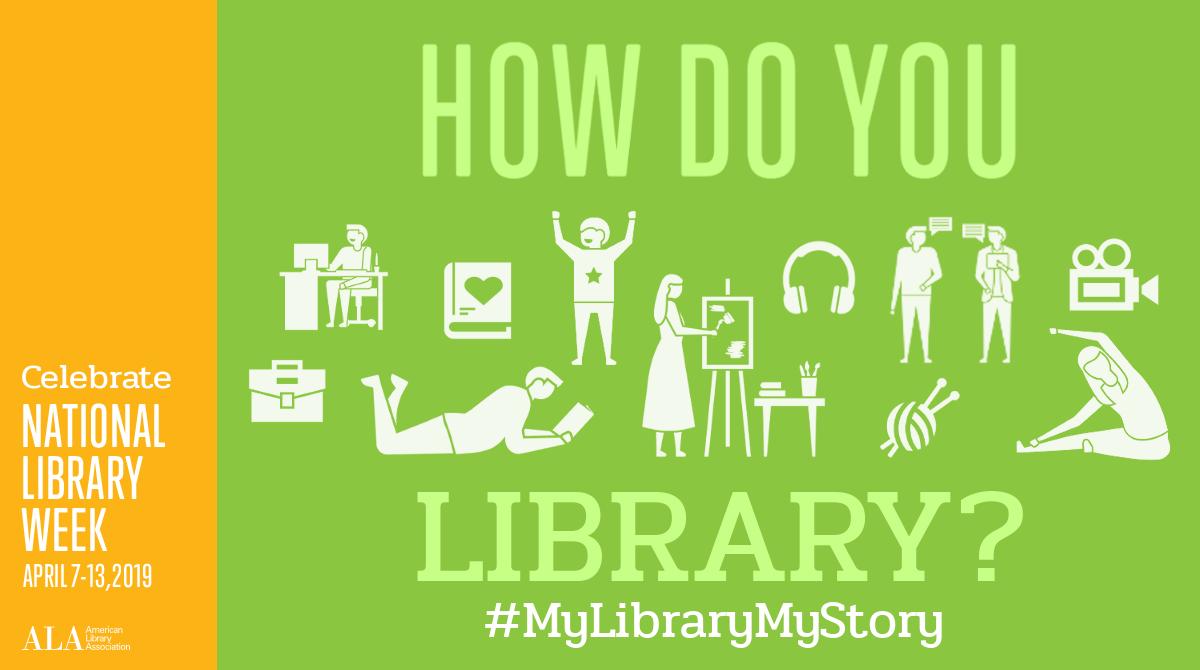ALALibrary's tweet image. As a part of #NationalLibraryWeek&apos;s Take Action for Libraries Day, we&apos;re encouraging all ALA advocates to broadcast their story with the #MyLibraryMyStory hashtag. We want you to shout from the rooftops why you love your library! bit.ly/MyLibraryMySto…