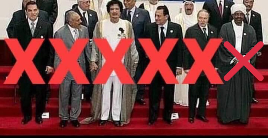 EfaSheef's tweet photo. C'est vrai que cette photo est absolument dingue. Dans l'ordre de départ : 
BEN ALI : 17 janvier 2011
MOUBARAK : 11 février 2011
KADHAFI : assassiné le 20 octobre 2011
SALEH : 25 février 2012 
BOUTEFLIKA : 2 avril 2019
el-BESHIR : 11 avril 2019 https://t.co/RQzGcDedT7