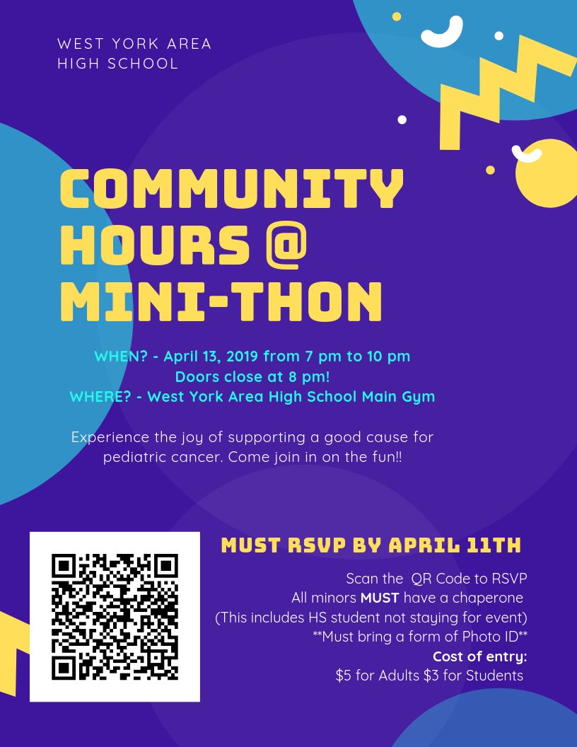 Community hours for minithon information!! Scan the Code or RSVP with link below!  docs.google.com/forms/d/1enUcT…