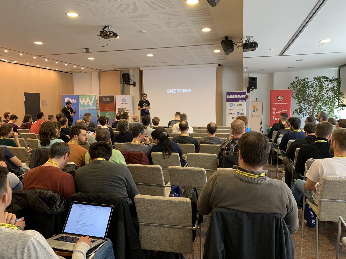 Now on stage: Elia Schito <a href="/elia/">Elia (͡° ͜ʖ ͡°) • hyper-reality denier</a> 
“Live code a game on the browser with #Opal and #Vuejs”

#RubyDay #rubyday2019 #Ruby #conference