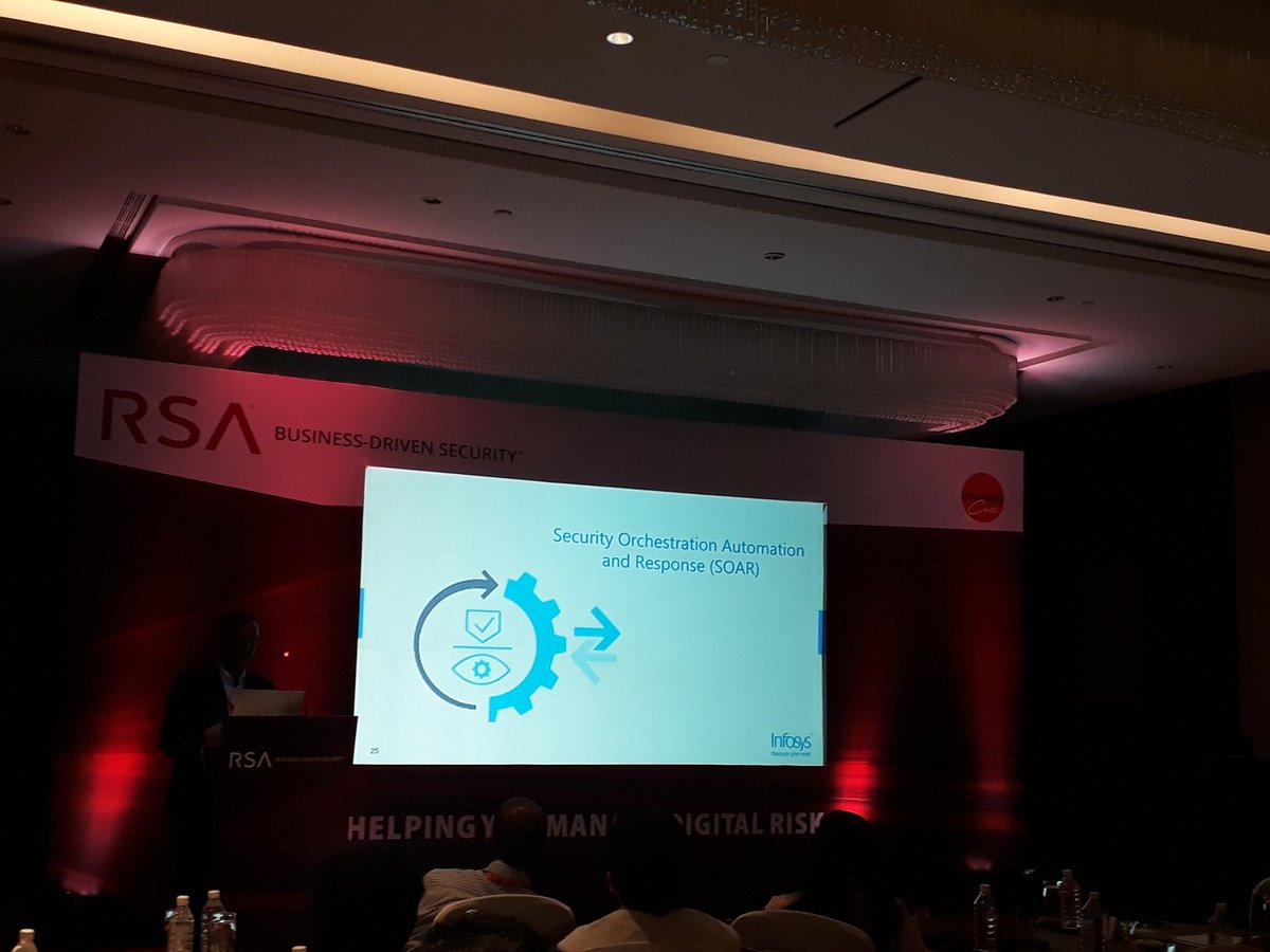 DebjaniGupta1's tweet image. Lakshminarayan, V.P &amp;amp; Head Cybersecurity #infosys highlighting a few RSA #netwitness Orchestrator uses which have helped automation at RSA C-level  event in #bengaluru