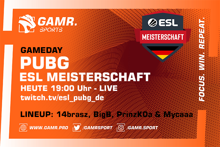 GamrSports's tweet photo. ⚔️#GAMEDAY für unser #PUBG Roster!  

🏆 #ESLMeisterschaft   
🕖 19:00 Uhr  
📺 https://t.co/JpZ0Ake9AB  

#ProudToBeDifferent #GAMRSports #FocusWinRepeat https://t.co/oxGonBa4up