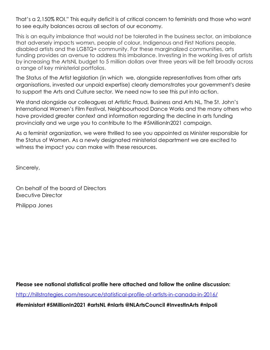 Today Eastern Edge sent a letter to The Honourable Carol Anne Haley Minister Responsible for the Status of Women asking them to join the campaign.

facebook.com/TimeToReinvest/

#MyArtsNL #TimeToReinvest #5MillionIn2021