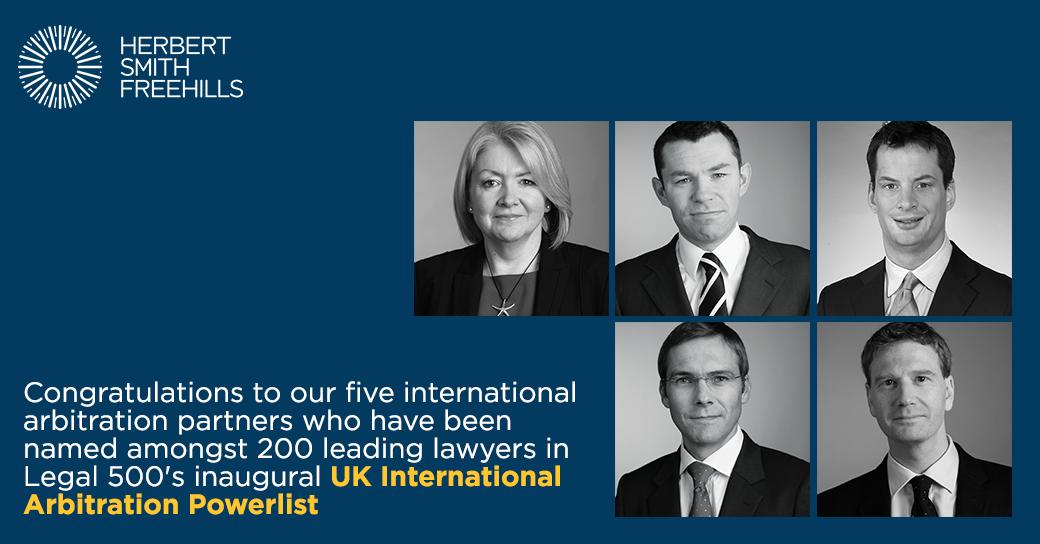Congratulations to our five international arbitration partners who have been named amongst 200 leading lawyers in Legal 500's inaugural UK International Arbitration Powerlist. Read more: herbertsmithfreehills.com/news/five-at-h…