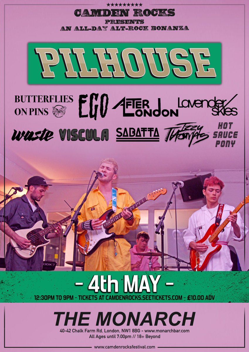 📣 On Sale Now 📣 Join us for an all-day rock-n-roll bonanza feat. <a href="/pilhouseband/">pilhouse</a> <a href="/on_pins/">Butterflies on Pins</a> #Ego @after_london <a href="/LavenderSkiesUK/">Lavender Skies</a> <a href="/wastetunes/">WASTE</a> <a href="/visculauk/">Viscula</a> <a href="/therealsabatta/">SABATTA aka BIG RIFF ENERGY!</a> @IzzyThomasMusic <a href="/HotSaucePony/">Hot Sauce Pony</a> at <a href="/camdenmonarch/">The Monarch</a> on Sat 4th May. Tickets via facebook.com/events/3054841… #CamdenRocks