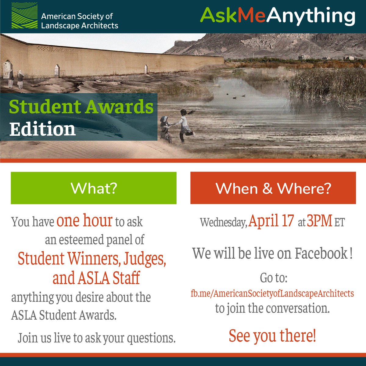 Join me next week for an AskMeAnything FB LIVE conversation <a href="/NationalASLA/">American Society of Landscape Architects</a> 's Student Awards w/ former judges, winners &amp; ASLA staff (3 pm ET on Wed. 17APR on bit.ly/2G6Fcls).  Post ur questions in the chat section get ready to submit by 17MAY via bit.ly/2GazEX1 !