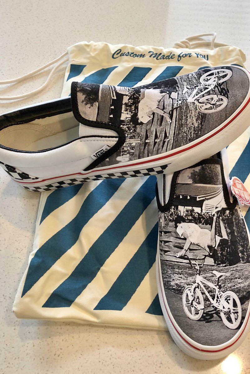 Puffchaddy1's tweet photo. Hands down the RADdest pair of shoes I’ve ever owned. My kids and I had such a blast customizing these slip-on’s, and being able to incorporate one of my old BMX photos was icing on the cake! 🏁@vansbmx66 @VANS_66 #vanscustoms #bmx https://t.co/GlKrQf3z31
