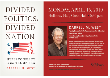 PACE_Salisbury's tweet photo. Come see Dr. Darrell West this Monday, April 15th, at 5:30 p.m!

Dr. West will be speaking on the current state of politics in the U.S., and issues a call to action to bridge differences and work together.

Hosted by the Political Science Department. https://t.co/PZJIV7VheQ
