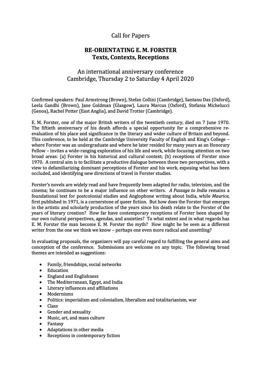 AlbyFCarbajal's tweet photo. CFP for #reorientatingEMForster, a conference at his alma mater, King's College Cambridge, April 2020. If you study @EM_Forster and/or his legacies, then you should consider submitting an abstract and joining us next year! Only connect... https://t.co/ODXFu5gDuC