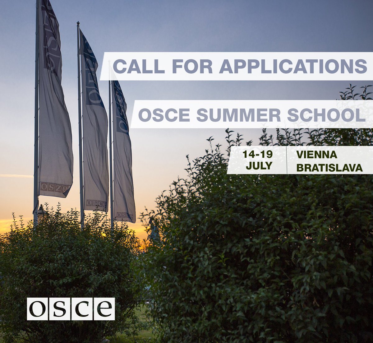 OSCE's tweet photo. We are looking for 20 young people interested in #internationalaffairs from the #OSCE area to participate in the OSCE #SummerSchool in #Vienna &amp; #Bratislava, from 14-19 July 2019. Learn more &amp; apply by 15 May 2019: https://t.co/2qGLplDByN https://t.co/CijfYKLwYi