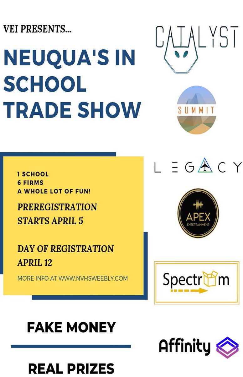 catalystvei's tweet image. Join us in the Neuqua Auditorium lobby for our very first In School Trade Show! You will be given a fake credit card to buy our products but given a chance to win REAL prizes! Hope to see you there 😼🤝