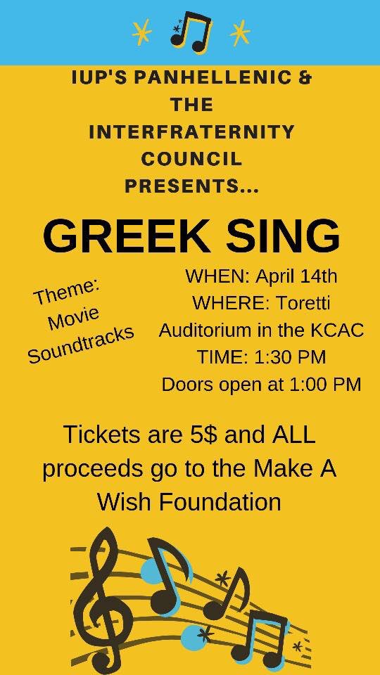 Come on out to the KCAC auditorium at 1:30 for this years greeks sing! $5 entry fee and all proceeds go to the make a wish foundation!