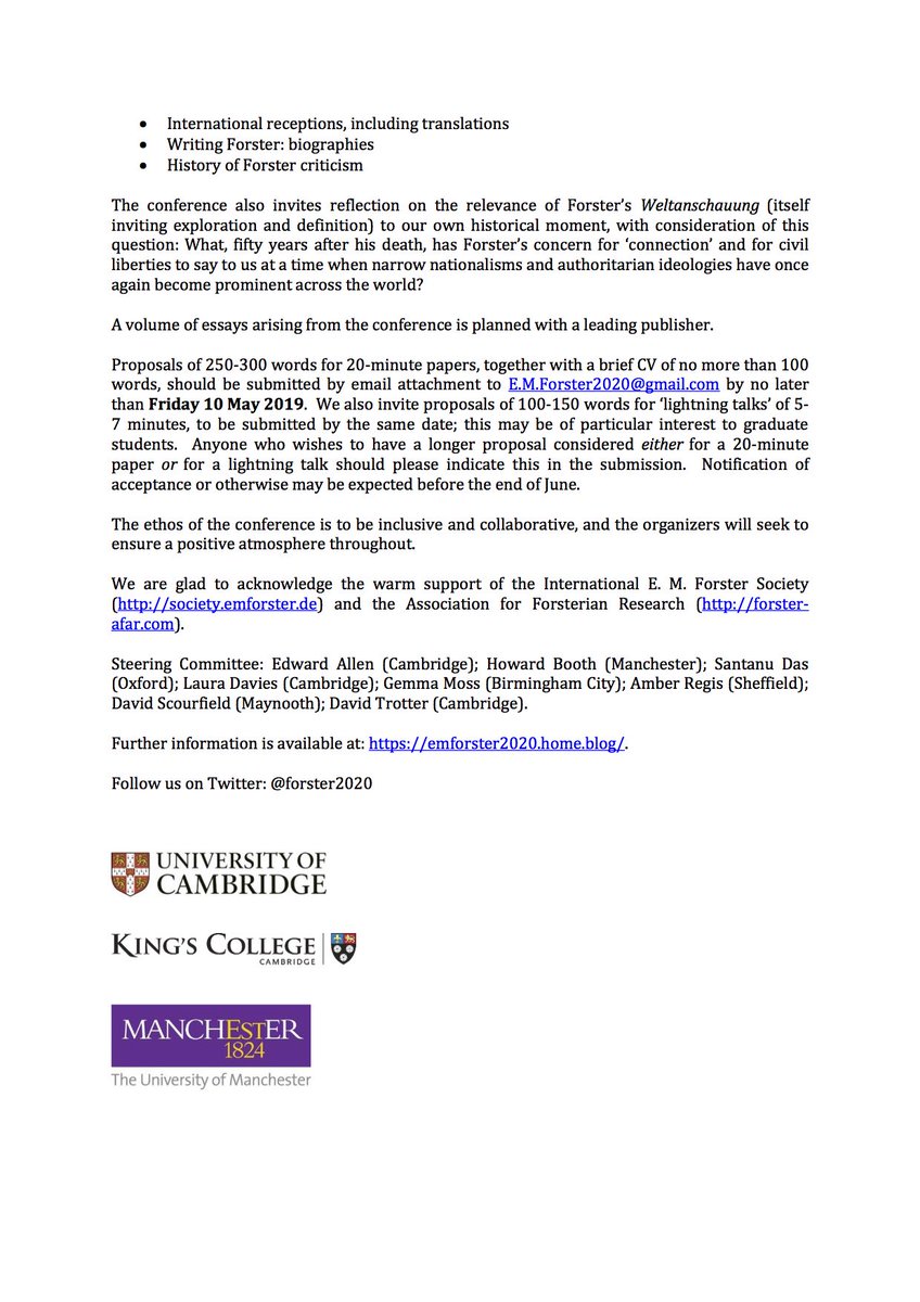 AlbyFCarbajal's tweet photo. CFP for #reorientatingEMForster, a conference at his alma mater, King's College Cambridge, April 2020. If you study @EM_Forster and/or his legacies, then you should consider submitting an abstract and joining us next year! Only connect... https://t.co/ODXFu5gDuC