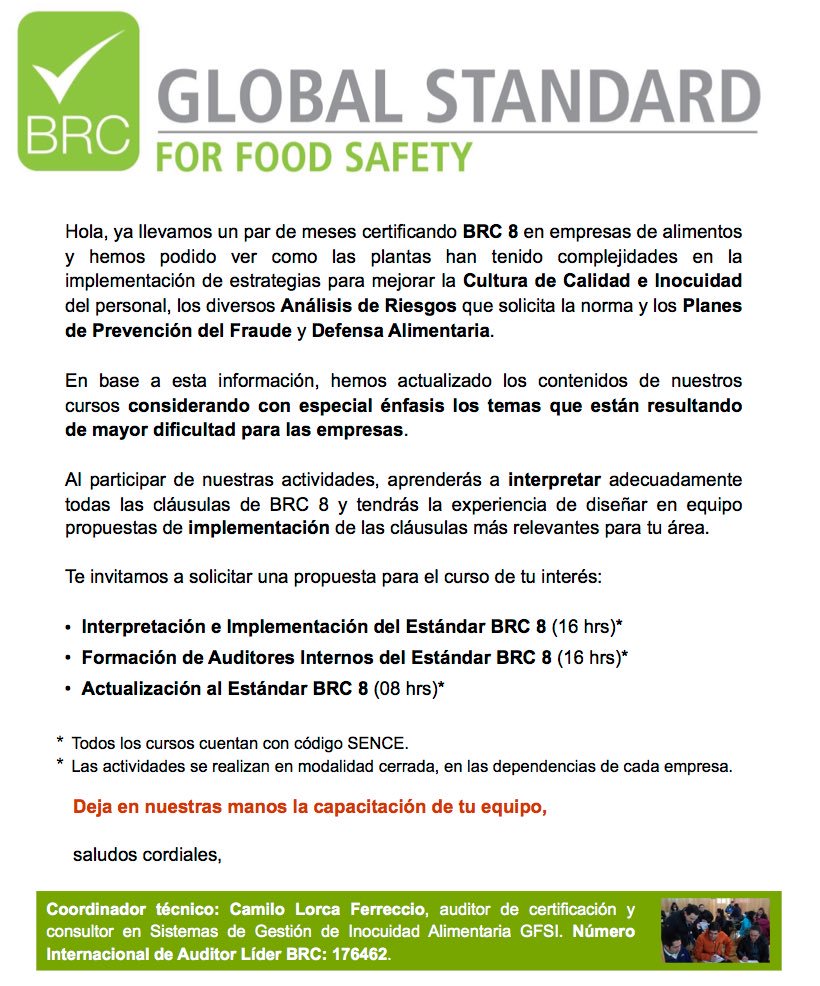 OTECInocuidad's tweet photo. Reserva tu curso BRC 8: @SenceChile #InocuidadConectada #FoodSafety https://t.co/Dd6s6FeSkU