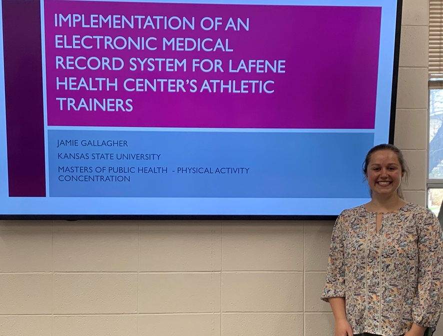 EllynMulcahy's tweet photo. Congratulations to Jamie Gallagher for successfully defending her MPH project on Electronic Medical Record System Implementation for Athletic Trainers #ksumph #publichealthpartners #futurepublichealthleader @KStateKines https://t.co/NkDQJg111e
