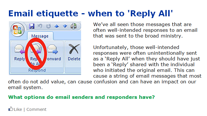 jrob319's tweet photo. I always get made fun of for my hatred of reply all emails but clearly I'm not alone! I did a victory dance upon seeing this article in today's employee newsletter #dontreplyall #nooneneedsthat #itsobnoxious #dobetter https://t.co/wr0pPv46xv