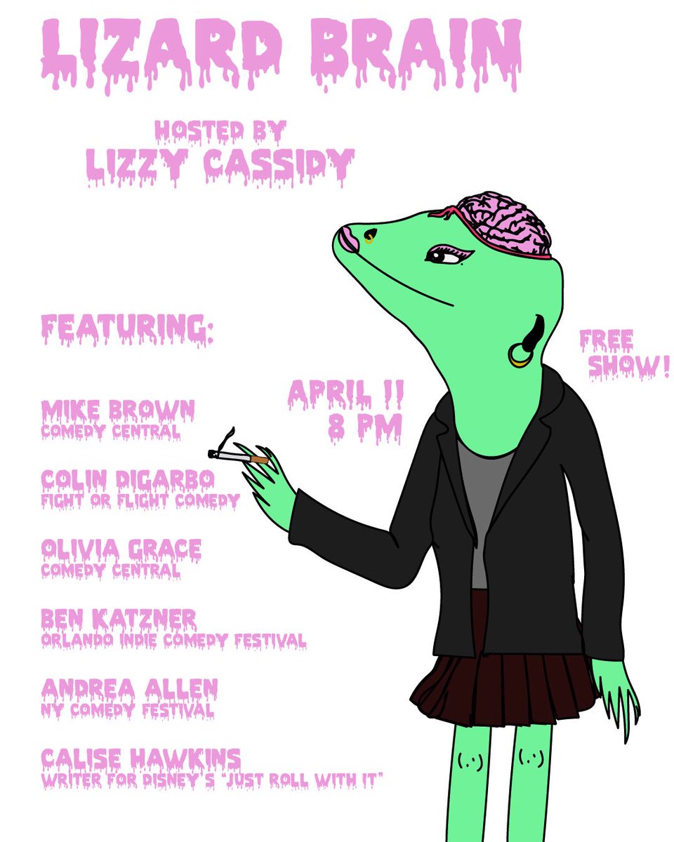 TONIGHT! come to The Creek and The Cave for the first Lizard Brain featuring this killer line up: @AndreaComedy @ShaqKatzner @DiGarbo @oliviadoesbits @YoMikeBrown @CaliseHawkins