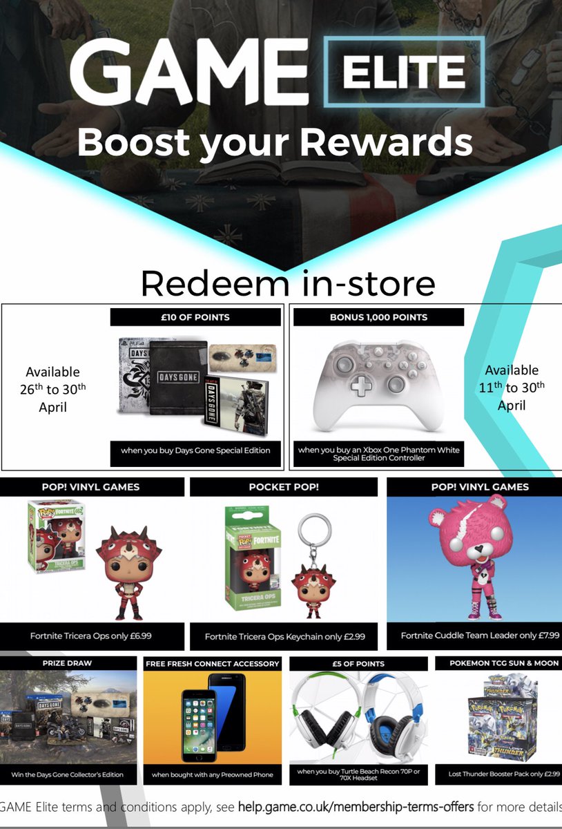 GAMEBoston's tweet photo. In case you missed it, these are the #GameElite deals for April! Don’t miss out on your extra points when purchasing the new #PhantomWhite or when you buy Days Gone Special Edition! https://t.co/2bSRLWPTf0