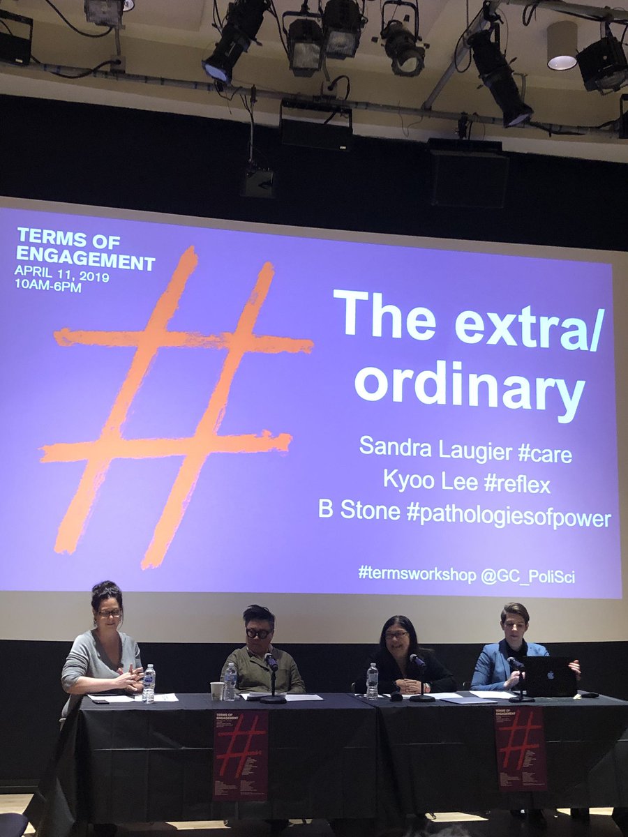 HumanitiesGC's tweet photo. TERMS OF ENGAGEMENT workshop at @GC_CUNY is starting now, with intro by @AlysonCole18. Join Sandra Laugier, Kyoo Lee, & @IronCurtains from 11:15am - 12:45pm discussing "The Extra/Ordinary" #care #reflex #pathologiesofpower #formsoflife https://t.co/TDWeAkd3lb https://t.co/6jAINipzuK