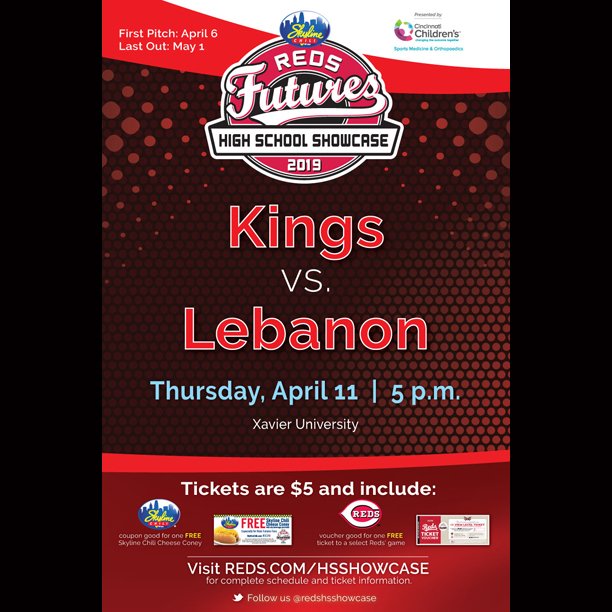 redshsshowcase's tweet photo. The @Skyline_Chili @Reds Futures High School Showcase presented by @SportsMed4Kids continues today! A great day for baseball as @kingshardball takes on @LebanonBase at Xavier University! Tix will be sold for $5 at the gate! @LHS_AthleticDir @kingsathletics https://t.co/frpiQlMc85
