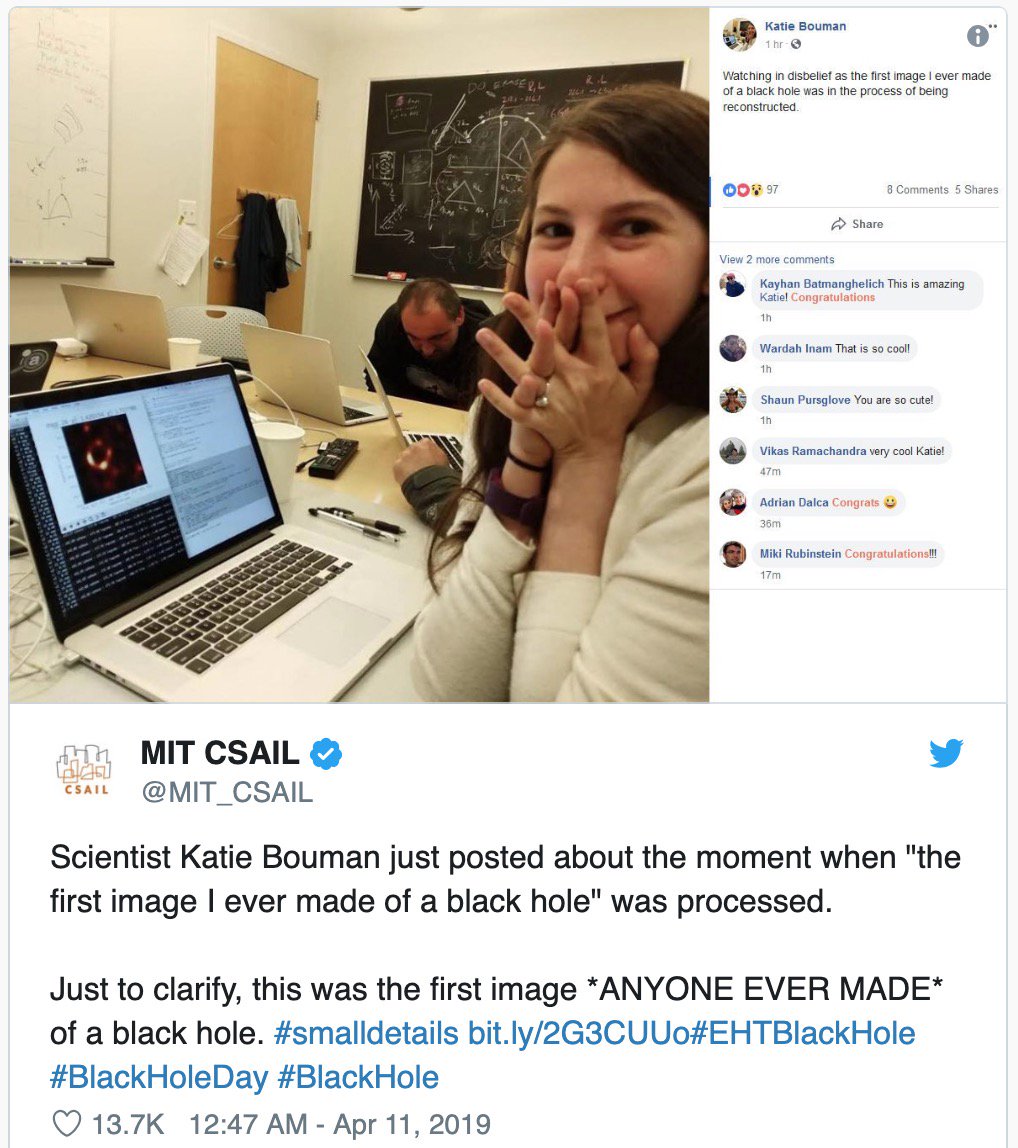moment ketika foto black hole berhasil di rekontruksi pertama kali oleh Dr Katie Bouman. prosesnya bertahun-tahun, tetapi algoritma utamanya dibikin oleh murid PhD MIT ini.

abc.net.au/news/science/2…