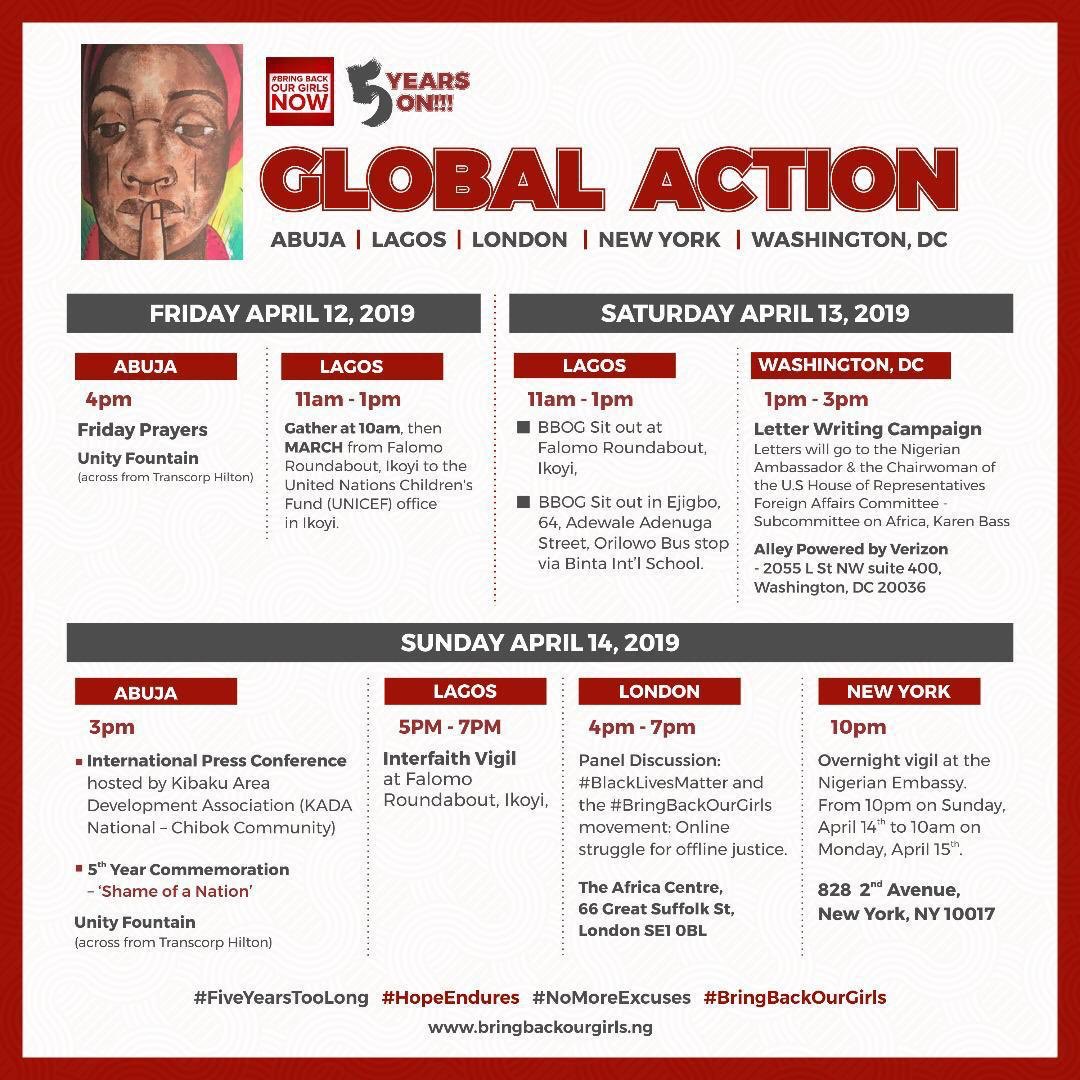 Five, yes, five agonising years on Sunday, April 14, 2019.  Pls join if you can. If you can’t and you pray, pls say a prayer. #ChibokGirls #LeahSharibu #HopeEndures #BringBackOurGirls