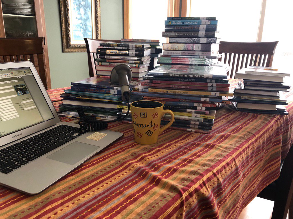 euteneuer3's tweet photo. Disappointed with an April snowstorm. Perfect time to get books ready for shelves! https://t.co/CR72j2m7Mf